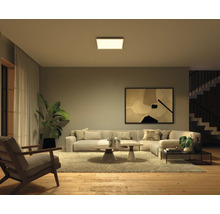 Salon avec plafonnier, canapé, tapis et décoration