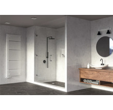 Salle de bain moderne avec douche, lavabo et radiateur