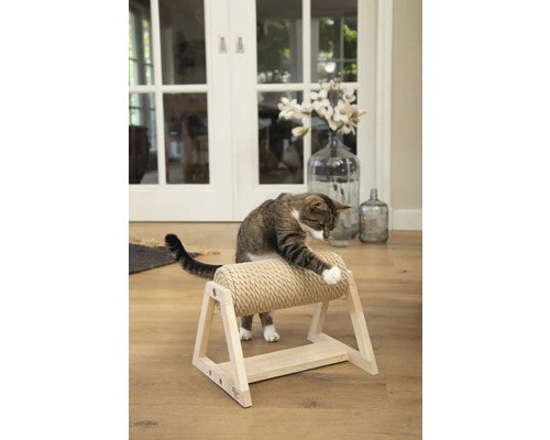 Katze benutzt Kratzrolle aus Holz und Sisal