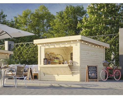Stand de vente en bois avec nourriture et boissons à l''extérieur