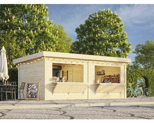 Stand de vente en bois à l''extérieur avec des sièges