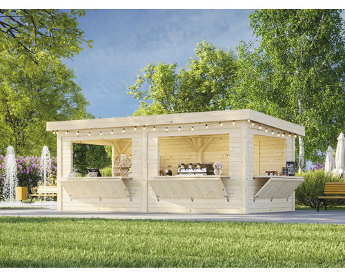 Kiosque de jardin en bois avec guichet de vente dans un environnement de type parc