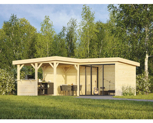 Abri de jardin avec barbecue, coin repas et espace musique à l''extérieur.