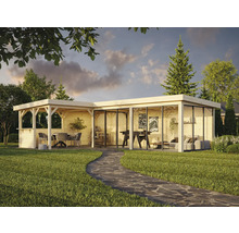 Maison de jardin en bois avec façade en verre, coin salon et espace barbecue dans le jardin