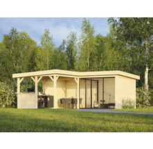Maison de jardin en bois avec espace barbecue et coin salon dans le jardin