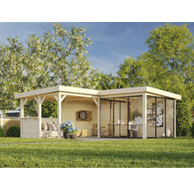 Maison de jardin en bois avec coin salon et espace fermé avec façade en verre