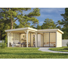 Maison de jardin moderne avec terrasse et chambre dans un environnement naturel.