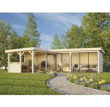 Pavillon de jardin avec terrasse et baies vitrées coulissantes dans le jardin