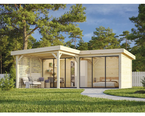 Maison de jardin moderne avec terrasse et chambre à coucher dans un cadre verdoyant