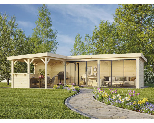 Maison de jardin avec terrasse, espace barbecue et salon extérieur