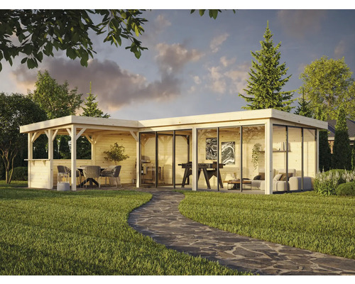 Salon de jardin moderne en bois avec façades en verre et terrasse sur pelouse