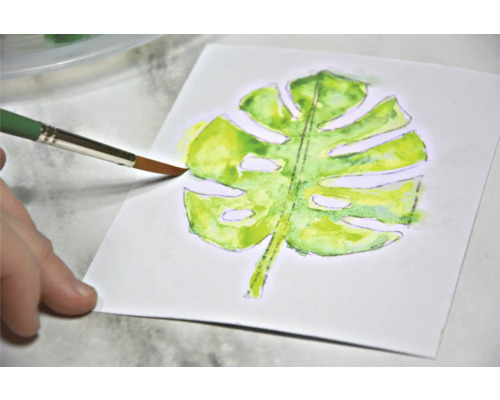 Peinture aquarelle d''une feuille de Monstera avec un pinceau sur papier
