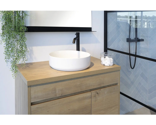 Meuble-lavabo de salle de bains avec vasque à poser, robinet et miroir