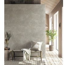 Heller Raum mit Betonwand, Sitzbank, Kissen und Zimmerpflanze.