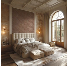 Schlafzimmer mit Bett, Nachttisch und großem Fenster