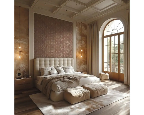 Schlafzimmer mit Bett, Nachttisch und großem Fenster