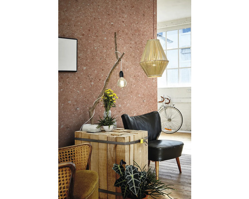 Pièce décorative avec meubles en bois, lampe et vélo devant la fenêtre