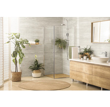 Helles Badezimmer mit Dusche, Waschtisch und dekorativen Zimmerpflanzen