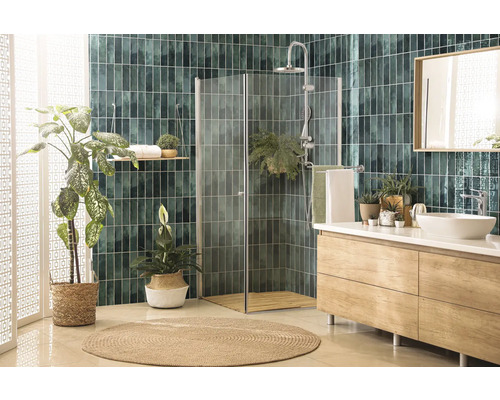 Salle de bain avec douche, meuble-lavabo avec miroir et plantes pour une ambiance naturelle