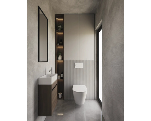 Modernes Badezimmer mit Toilette, Waschbecken und Spiegel
