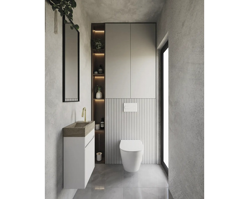 Salle de bains moderne avec lavabo, toilettes, miroir et espace de rangement