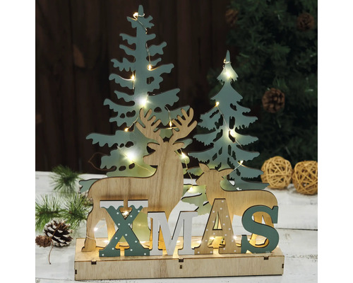 Dekorative Weihnachtsbeleuchtung mit Bäumen, Rentieren und dem Wort Weihnachten.
