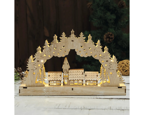 Dekorative Holzleuchte mit weihnachtlichem Dorfmotiv