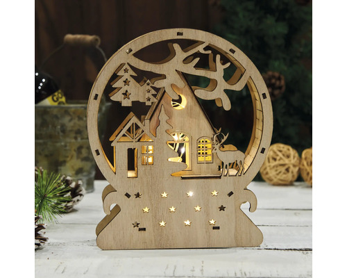 Dekorative Schneekugel aus Holz mit LED Beleuchtung, Weihnachtsmotiv