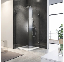 Cabine de douche avec douche de tête et douchette à main dans une salle de bain moderne