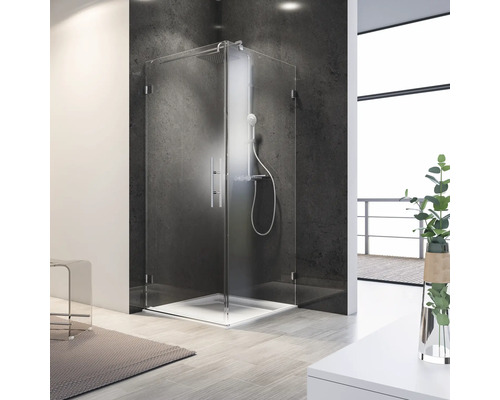 Cabine de douche avec douche de tête et douchette à main dans une salle de bain moderne