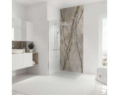 Salle de bain moderne avec douche à l'italienne, lavabo et miroir