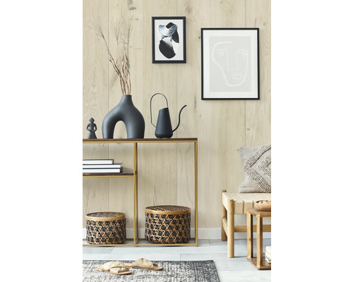 Dekoratives Wohnambiente mit Konsole, Bildern, Giesskanne und Wohnaccessoires