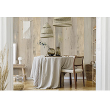 Salle à manger lumineuse avec table, chaises, décoration et deux suspensions.