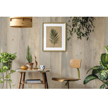 Pièce lumineuse avec mur en bois, table, chaise et plantes d''intérieur pour une ambiance conviviale.