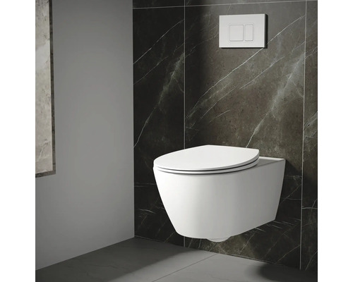 WC suspendu avec plaque de commande devant un mur en marbre foncé