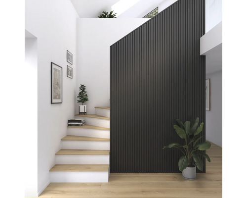 Hall d''entrée lumineux avec escalier, panneaux muraux et plantes d''intérieur.