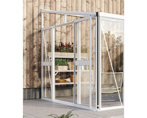 Serre avec étagères et plantes contre un mur en bois