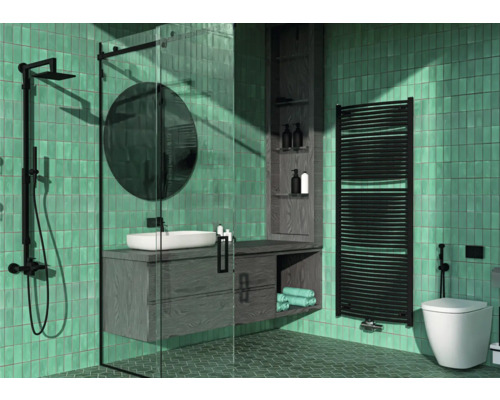 Rotheigner Badheizkörper SWING-M 1810 x 745 mm schwarz matt Anschluss Mittig unten Helles Badezimmer mit Dusche, Waschtisch, Handtuchwärmer und Toilette vor getäfelten Wänden