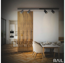 Modernes Esszimmer mit Esstisch, Stühlen, Holzvertäfelung und einer Schienenleuchte