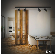 Essbereich mit Esstisch, Stühlen, Raumteiler aus Holz und einer schwarzen Schienenleuchte mit vier Strahlern