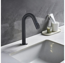 Mitigeur de lavabo noir à côté d''un lavabo et d''accessoires de salle de bain