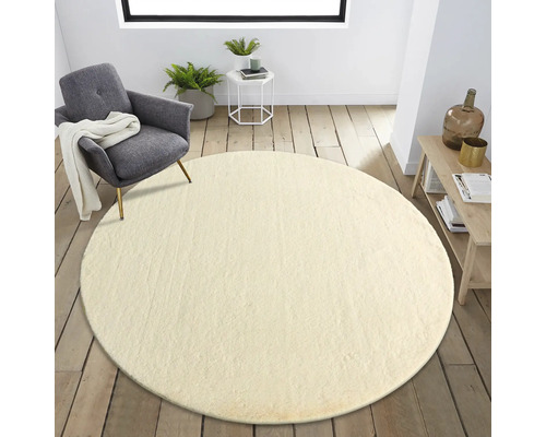 Salon avec tapis rond, fauteuil et table d''appoint sur parquet