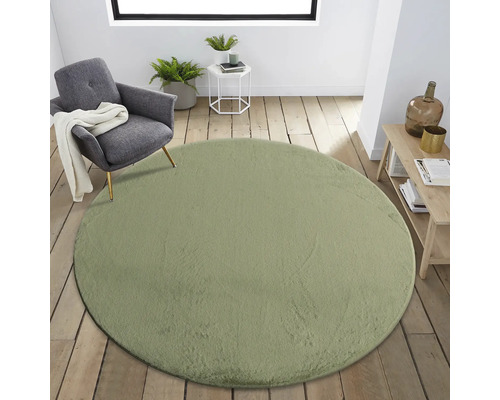 Exemple d''aménagement avec un tapis rond vert clair sur un plancher en bois