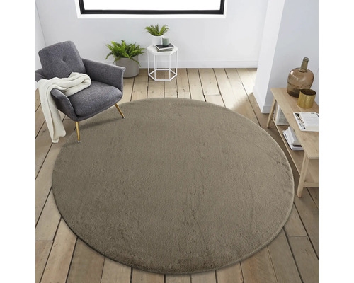 Vue d''une pièce avec un tapis rond, un fauteuil et une table d''appoint