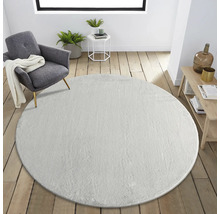 Salon avec tapis rond, fauteuil et table d''appoint.