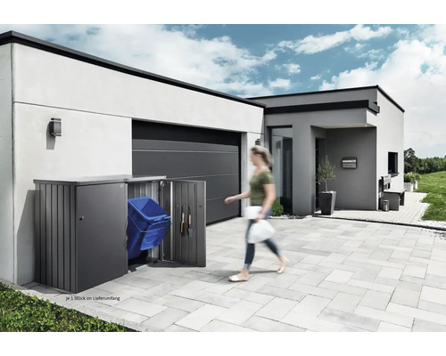 Boîte à ordures en métal avec portes ouvertes devant une maison moderne