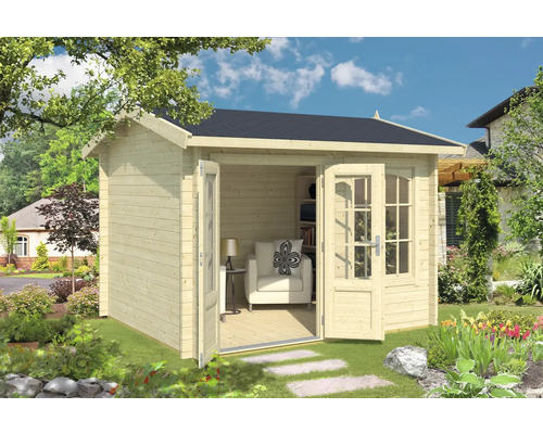 Abri de jardin avec portes doubles ouvertes et intérieur dans le jardin