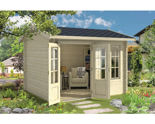 Abri de jardin avec double porte, construction en bois et étagère intégrée dans le jardin