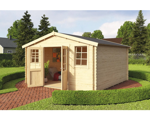 Abri de jardin en bois avec double porte ouverte et fenêtres dans le jardin