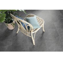 Szene mit einem Rattansessel mit Kissen und einer Topfpflanze auf einem grauen Bodenbelag.